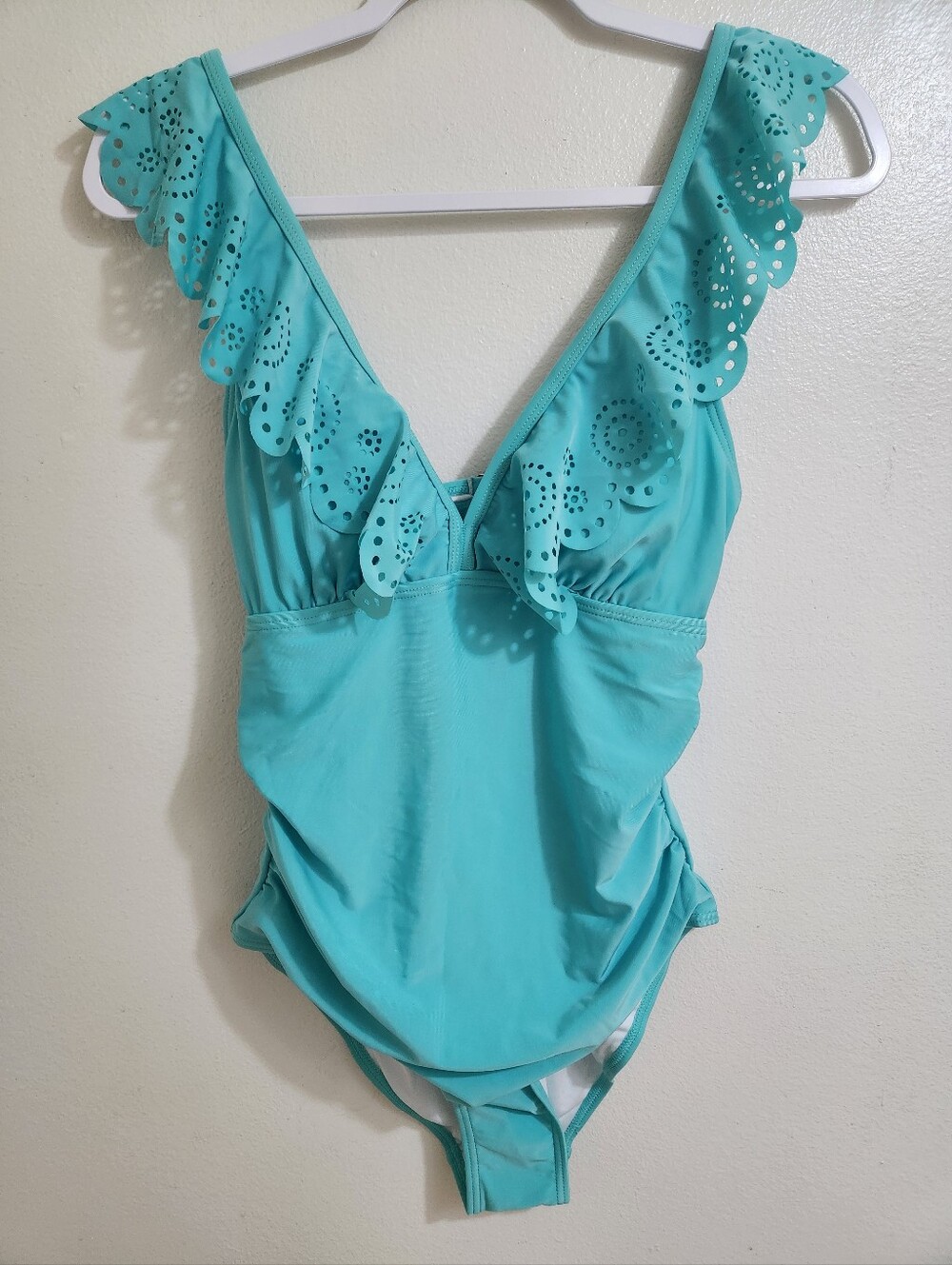 Pink Blush Aqua Lasercut Detail Ruffle Trim One Piece Maternity Swimsuit Size M